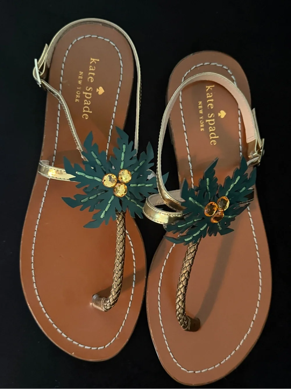 kate spade gold and green floral embossed sole sandals